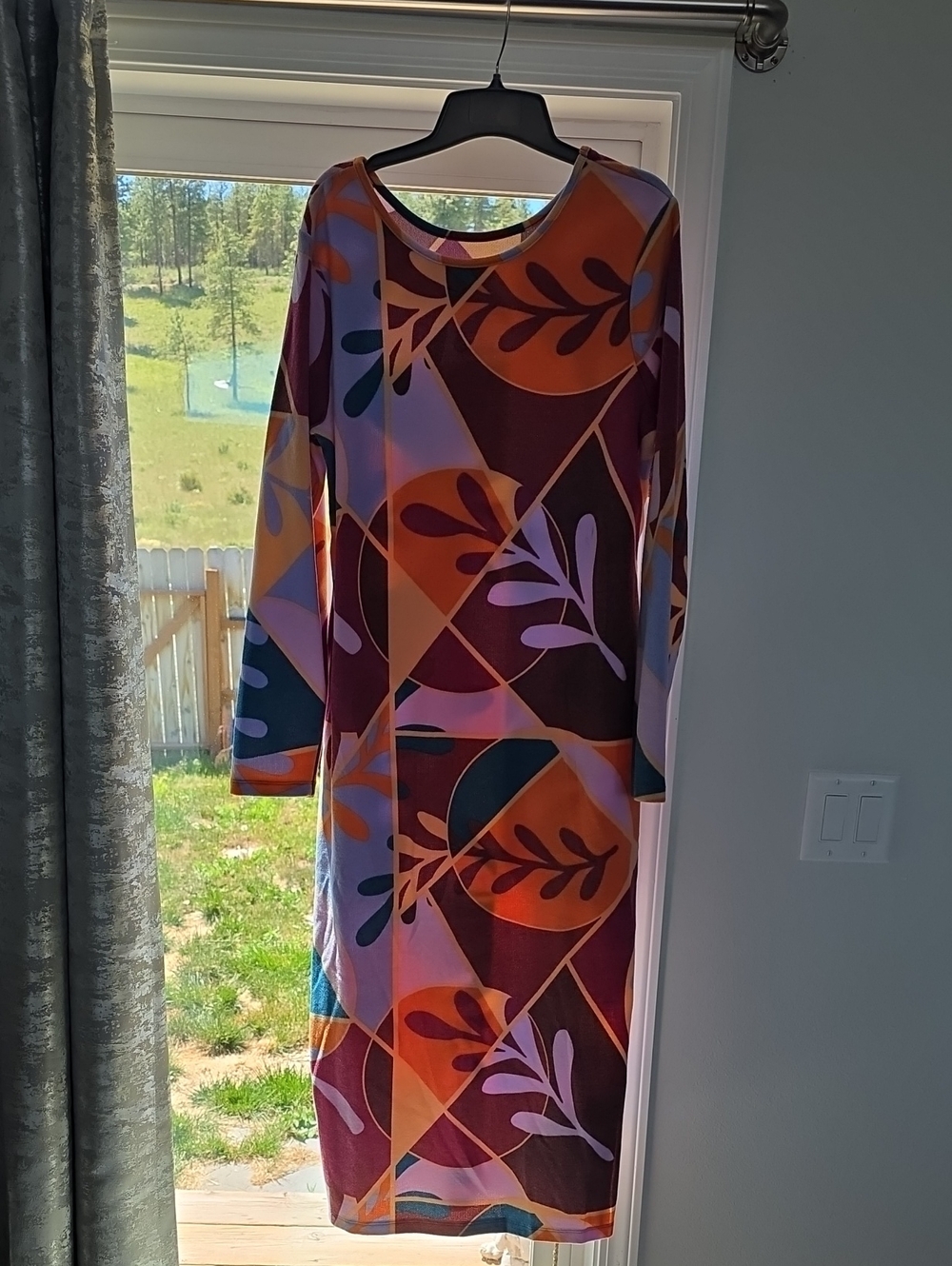 Long Sleeve Abstract Geometric Print Dress - Multicolor